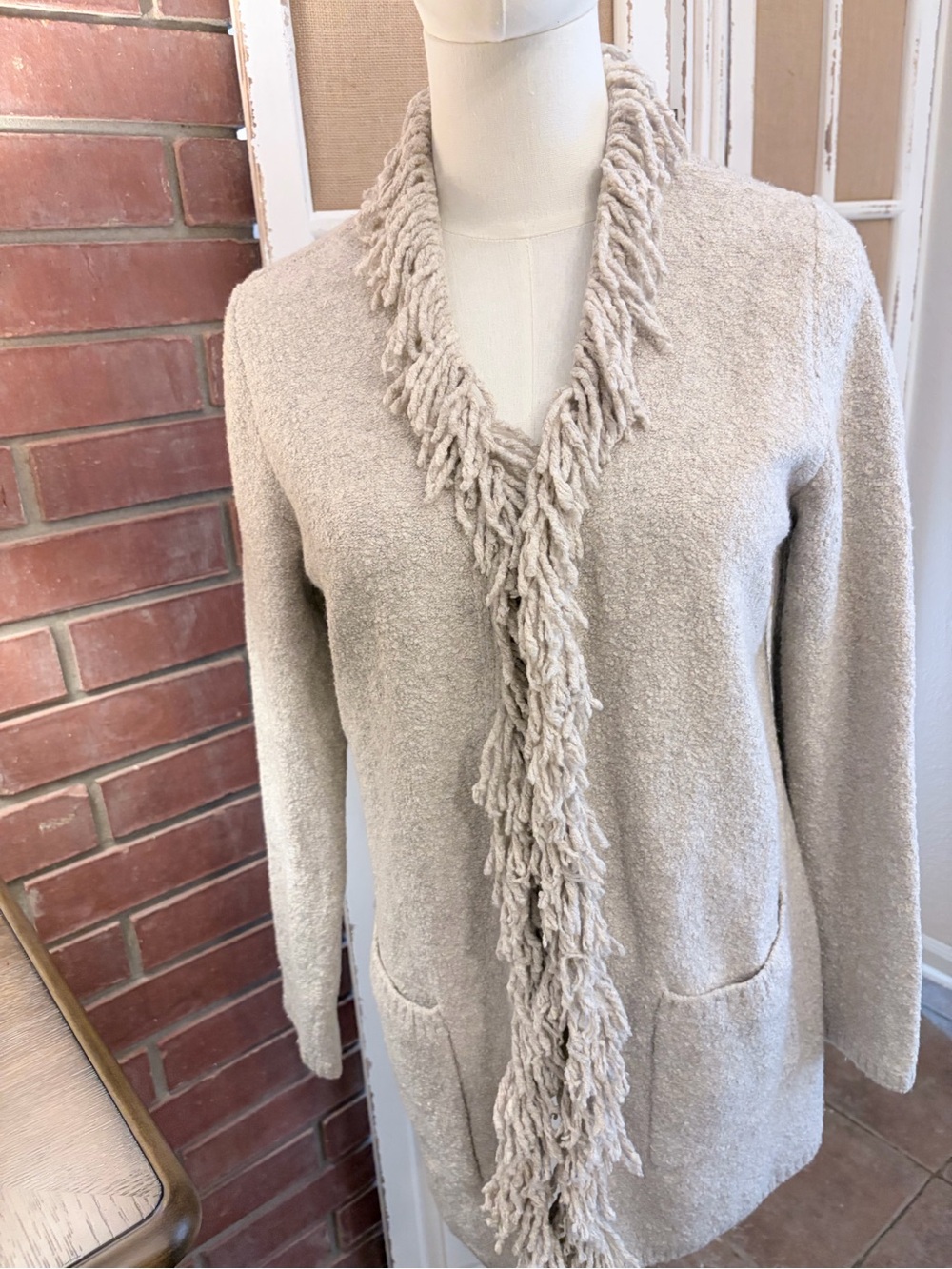 J. Jill Boucle Knit Shaggy Fringe Open Front Cardigan Duster Oatmeal XS Boho NWT